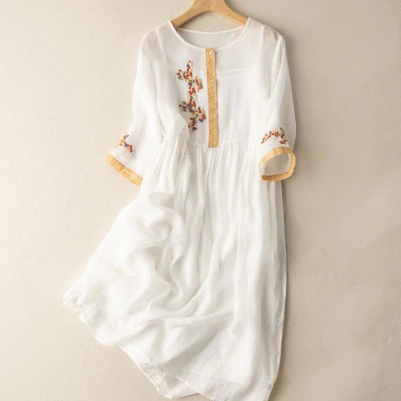 Mocoer Spring Ethnic Embroidery Half Sleeve Cotton Linen Women's Maxi Dress - Mocoer