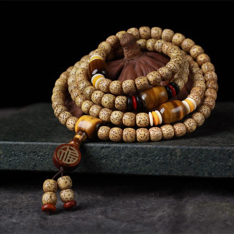 Mocoer 108 Mala Beads Bodhi Seed Tiger's Eye Fu Character Peace Bracelet - Mocoer