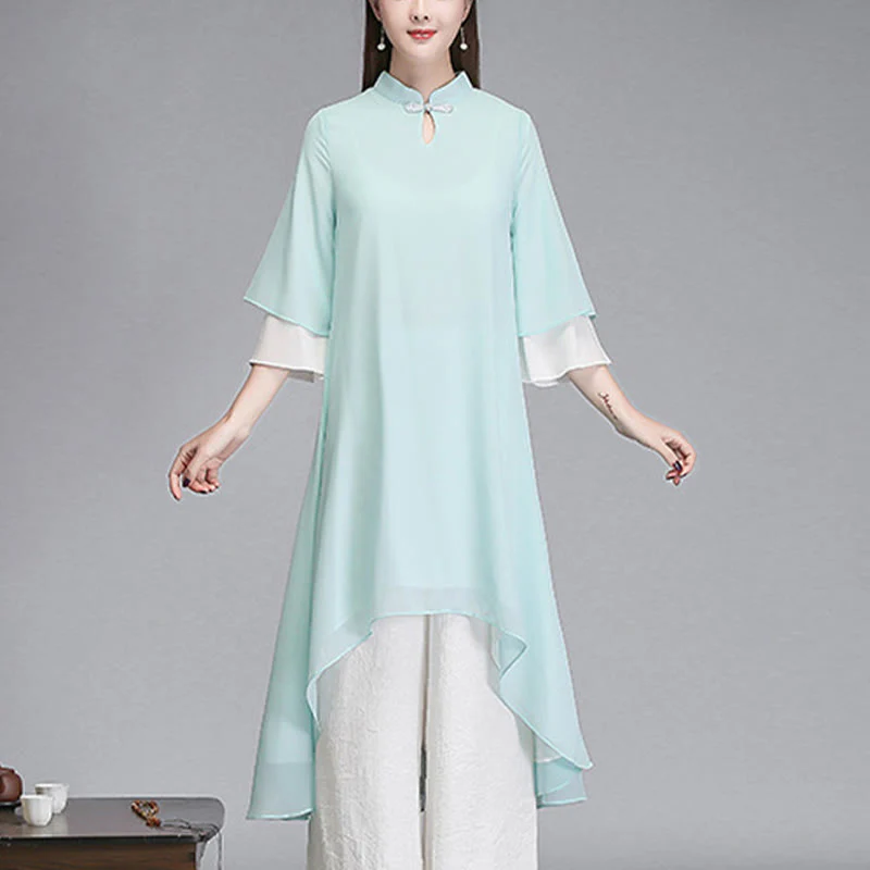 Mocoer Solid Women's Three Quarter Sleeve Chiffon Irregular Shirt Dress Wide Leg Pants Meditation Clothing - Mocoer