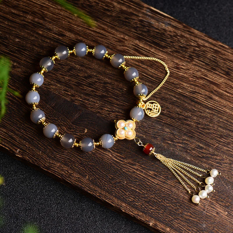Mocoer Natural Gray Agate Fu Character Pearl Tassel Balance Bracelet - Mocoer