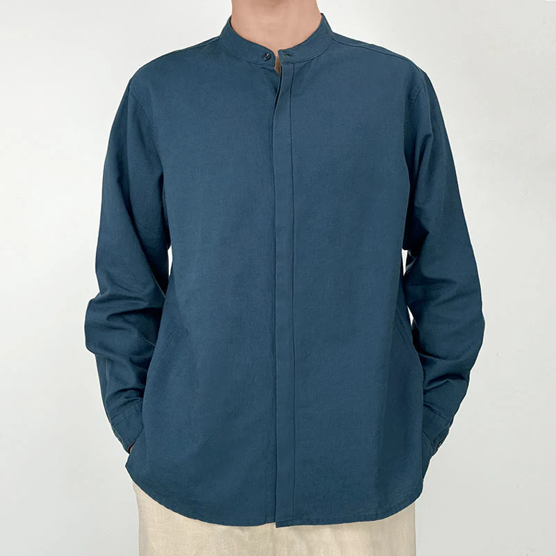 Mocoer Casual Solid Color Button Front Long Sleeve Cotton Linen Men's Shirts - Mocoer