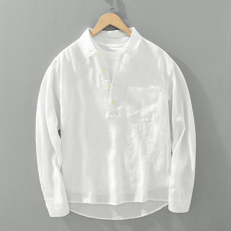 Mocoer Solid Color Loose Long Sleeve Half Button Shirt Linen Men Clothing - Mocoer