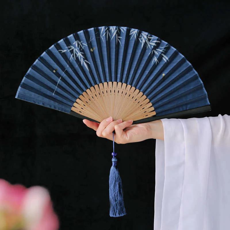 Mocoer Firefly Bamboo Leaves Pattern Tassels Handheld Bamboo Folding Fan - Mocoer