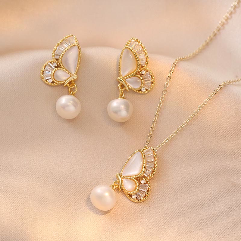 Mocoer Tridacna Stone Pearl Bead Butterfly Healing Necklace Pendant Earrings Set - Mocoer