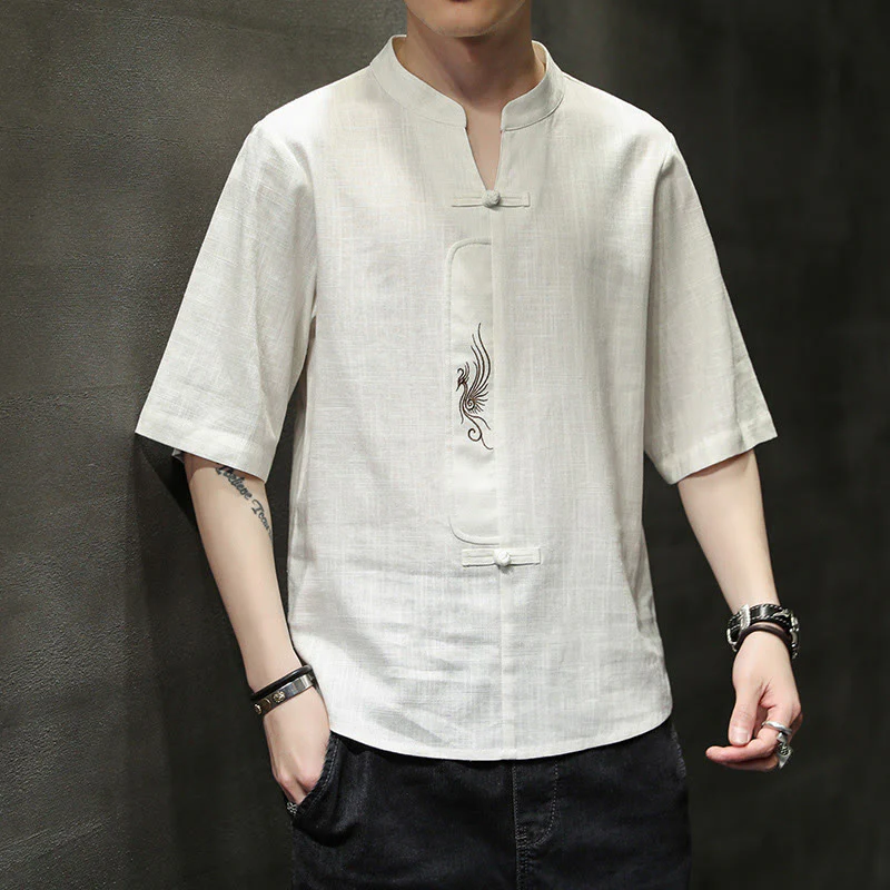 Mocoer Frog-Button Phoenix Embroidery Chinese Tang Suit Short Sleeve Shirt Cotton Linen Men Clothing - Mocoer