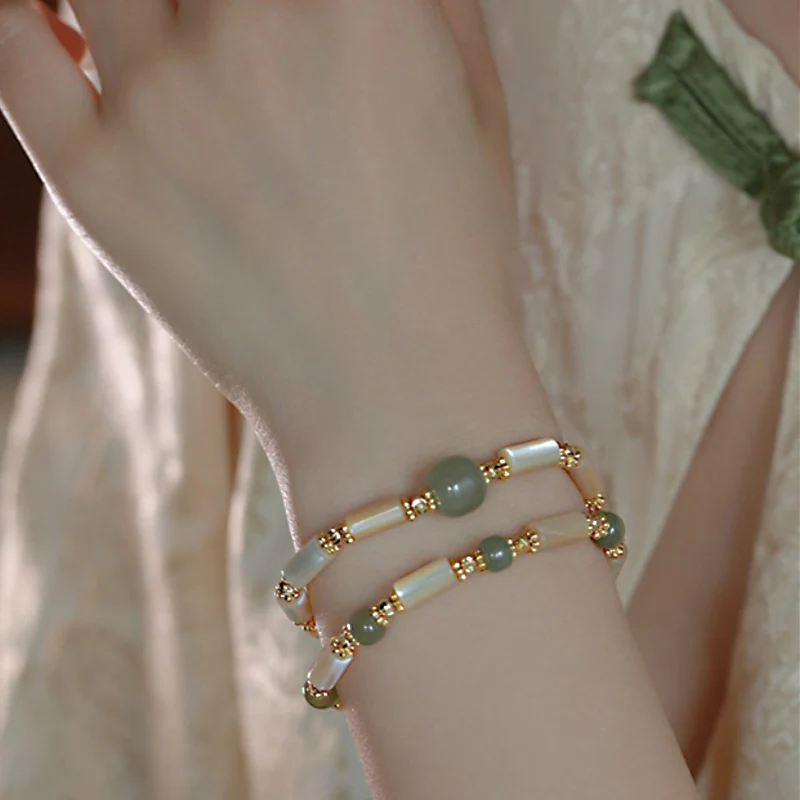 Mocoer 14K Gold Plated Tridacna Stone Hetian Jade Bead Bamboo Pattern Bracelet - Mocoer