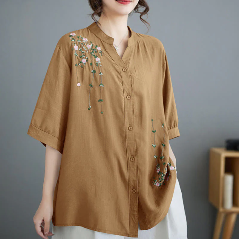 Mocoer Women's Button Down Flower Vines Embroidery Design Half Sleeve Cotton Shirt - Mocoer