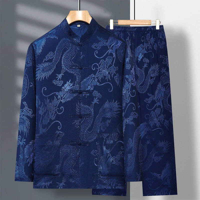Mocoer 2Pcs Tang Suit Dragon Frog-Button Men's Long Sleeve Shirt Pants Clothing Set - Mocoer