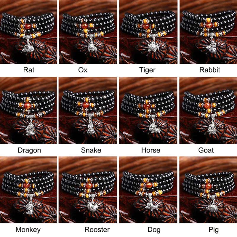 Mocoer Chinese Zodiac 108 Beads Black Obsidian Tiger Eye Fortune Mala Bracelet - Mocoer