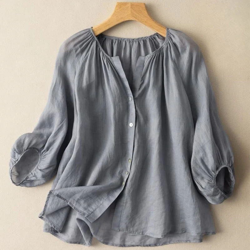 Mocoer Vintage Button Three Quarter Puff Sleeve V-Neck Cotton Linen Women's Shirt - Mocoer