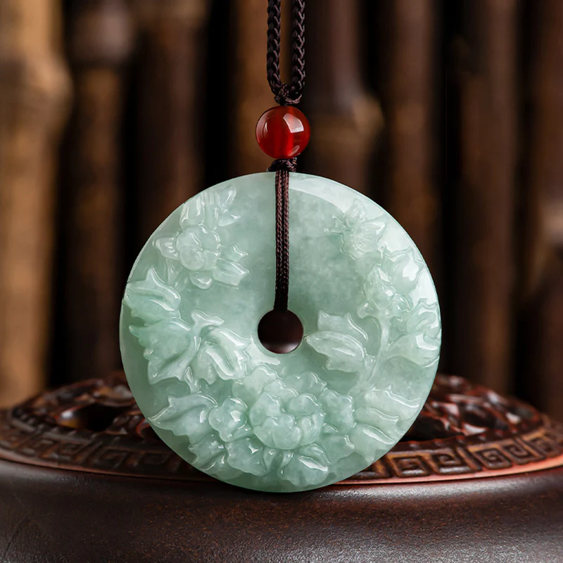 Mocoer Round Jade Peace Buckle Peony Flower Abundance Necklace Pendant - Mocoer