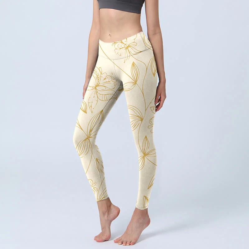 Mocoer Beige Flower Vine Print Gym Leggings Women's Yoga Pants - Mocoer