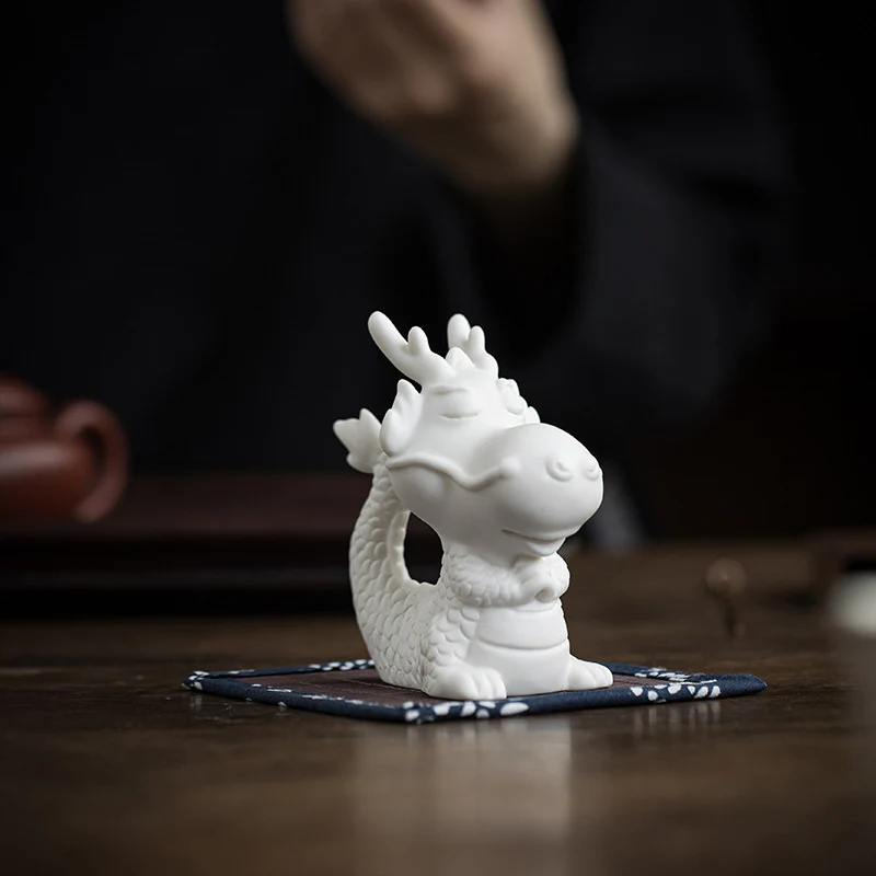 Mocoer Year Of The Dragon Luck White Porcelain Ceramic Tea Pet Home Figurine Decoration - Mocoer