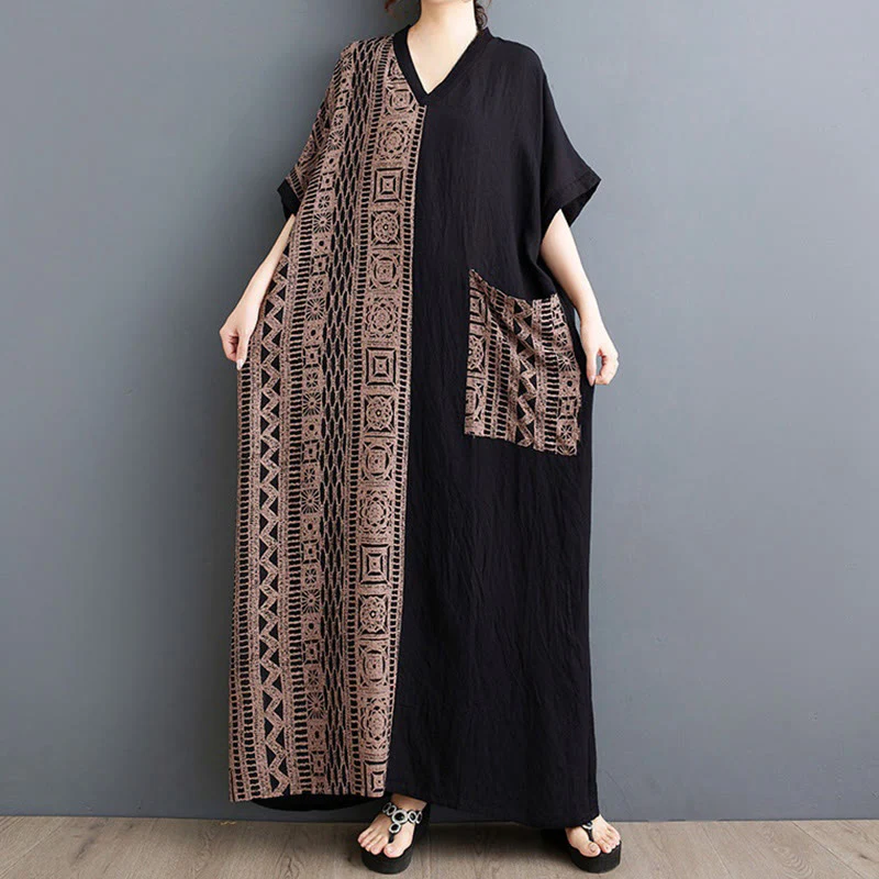Mocoer Casual Loose Printing Dyeing Cotton Linen V-neck Half Sleeve Design Midi Dress With Pockets - Mocoer