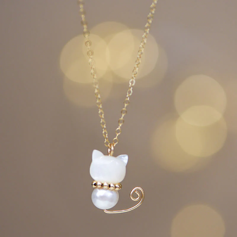 Mocoer 14K Gold Plated Pearl Hetian Jade Shell Luck Cat Kitten Necklace Pendant - Mocoer