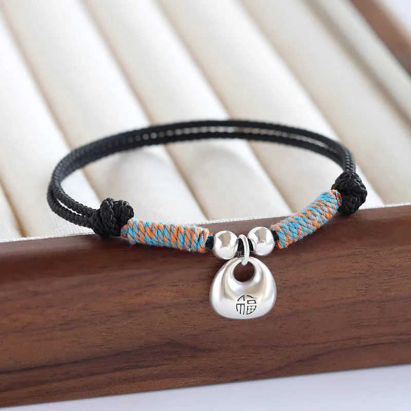 Mocoer Handmade 925 Sterling Silver Fu Character Safe And Well Luck Braided Bracelet - Mocoer