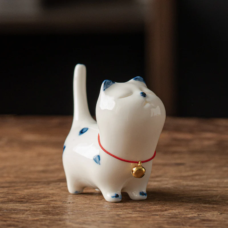 Mocoer Mini Lucky White Cat Kitten Tea Pet Ceramic Home Desk Figurine Decoration - Mocoer