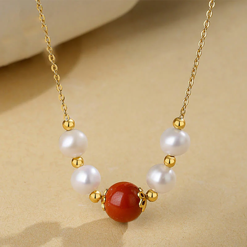 Mocoer 925 Sterling Silver Pearl Cinnabar Sincerity Healing Bead Chain Necklace Pendant - Mocoer