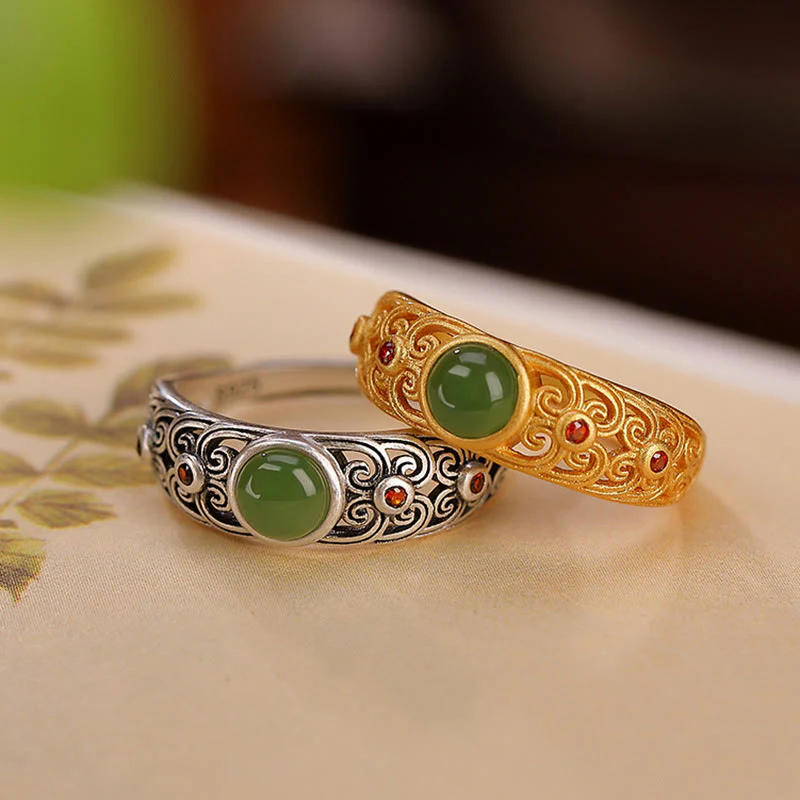 Mocoer 925 Sterling Silver Hetian Cyan Jade Harmony Adjustable Ring - Mocoer