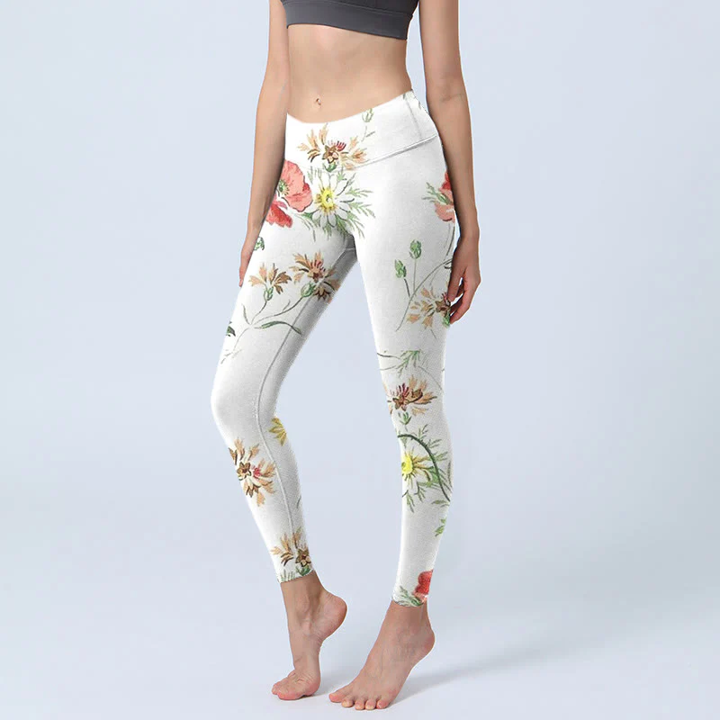 Mocoer White Daisy Red Flower Print Sports Leggings Women's Yoga Pants - Mocoer