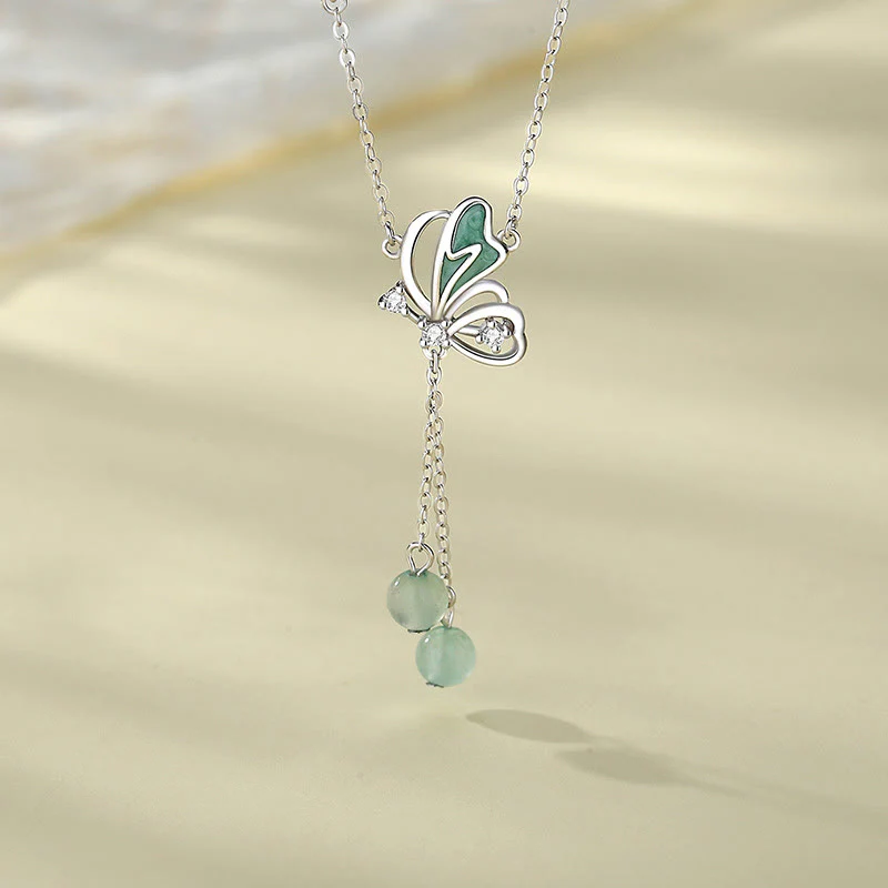 Mocoer 925 Sterling Silver Natural Green Aventurine Butterfly Luck Necklace Pendant Earrings Set - Mocoer