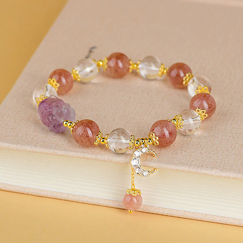 Mocoer Natural White Strawberry Quartz Crystal Healing Love Nine Tailed Fox Moon Pendant Bracelet - Mocoer