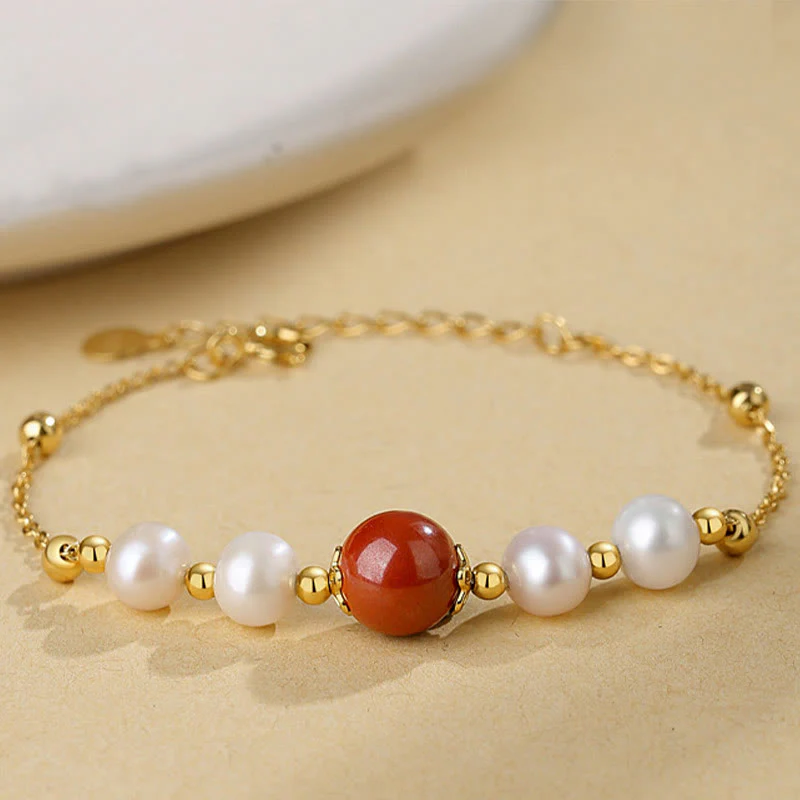 Mocoer 925 Sterling Silver Pearl Cinnabar Healing Bead Chain Bracelet - Mocoer