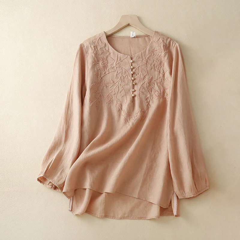Mocoer Casual Embroidery Flower Round Neck Long Sleeve Cotton Linen Top Women's Shirts - Mocoer