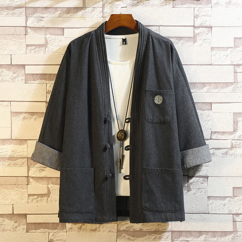 Mocoer Men's Frog-Button Tang Suit Three Quarter Sleeve Jacket Shirt With Pockets - Mocoer