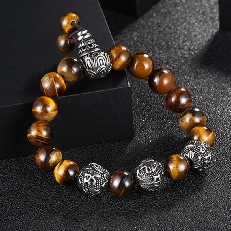 Mocoer Natural Tiger Eye Lava Rock Black Obsidian Titanium Steel Six-True-Words Om Mani Padme Hum Protection Bracelet - Mocoer