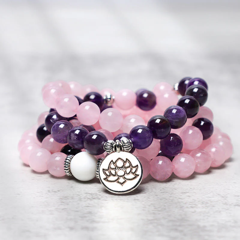 Mocoer Natural Rose Quartz & Amethyst Mala Bead Lotus Pendant Bracelet - Mocoer