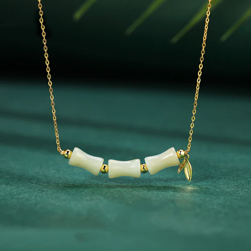 Mocoer 925 Sterling Silver Hetian Jade Bamboo Fu Character Prosperity Necklace Pendant Bracelet - Mocoer