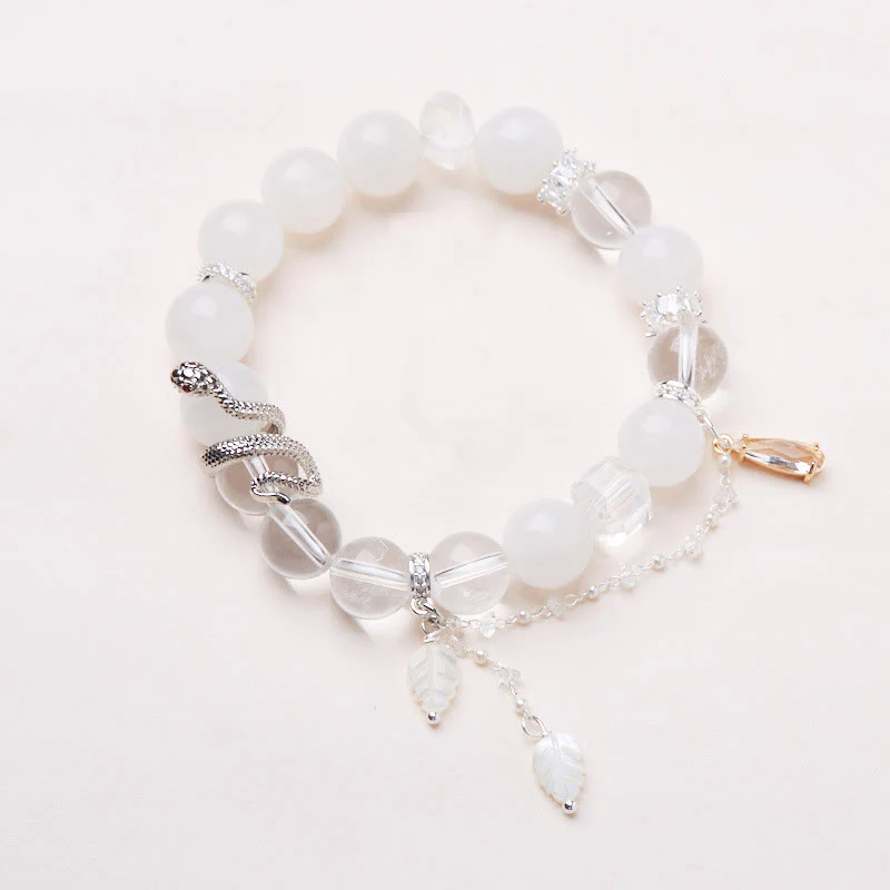 Mocoer White Crystal White Jade Bead Snake Luck Bracelet - Mocoer