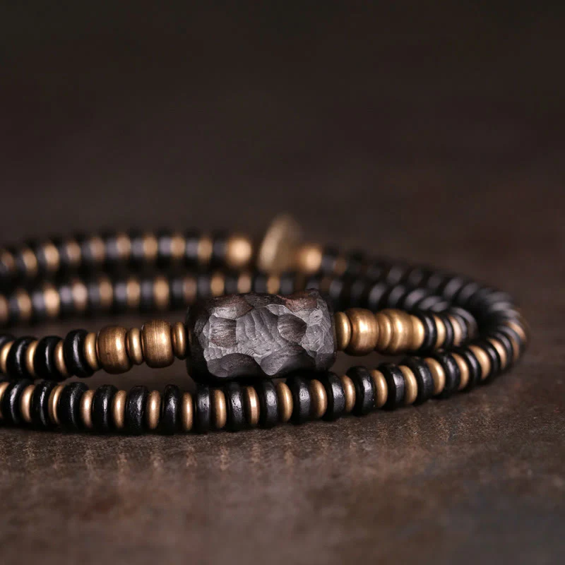 Mocoer Ebony Wood Green Sandalwood Copper Brass Calm Double Wrap Bracelet - Mocoer