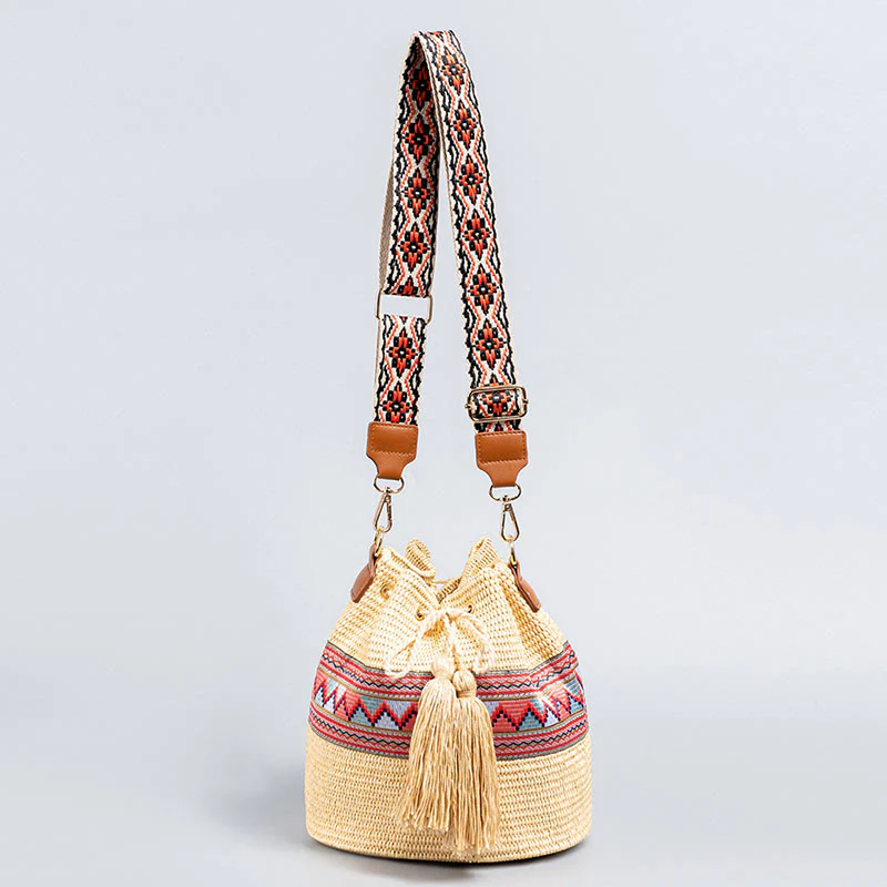 Mocoer Beach Geometry Straw Woven Bucket Tassels Crossbody Bag Shoulder Bag - Mocoer