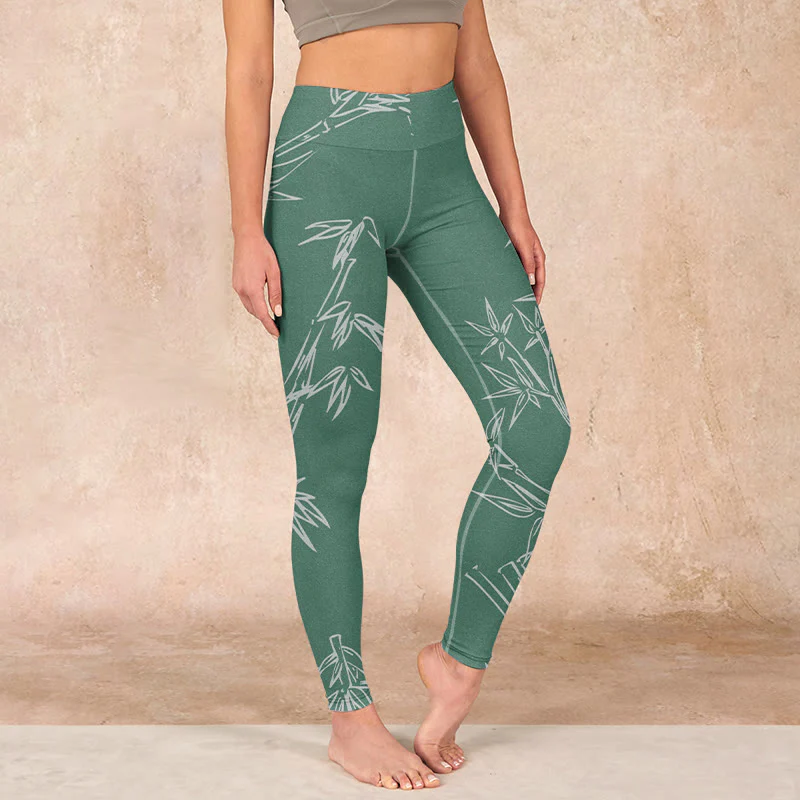 Mocoer Green White Bamboo Leaves Print Gym Leggings Women's Yoga Pants - Mocoer