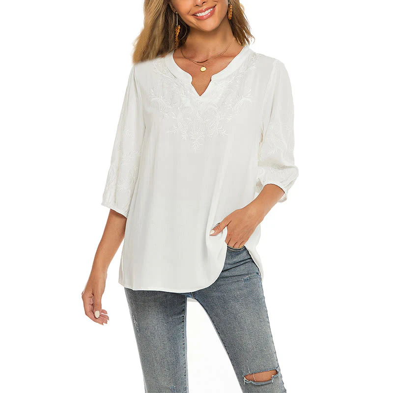 Mocoer Casual Solid Color Embroidery Flower Three Quarter Sleeve V-Neck Cotton Women's T-Shirt - Mocoer