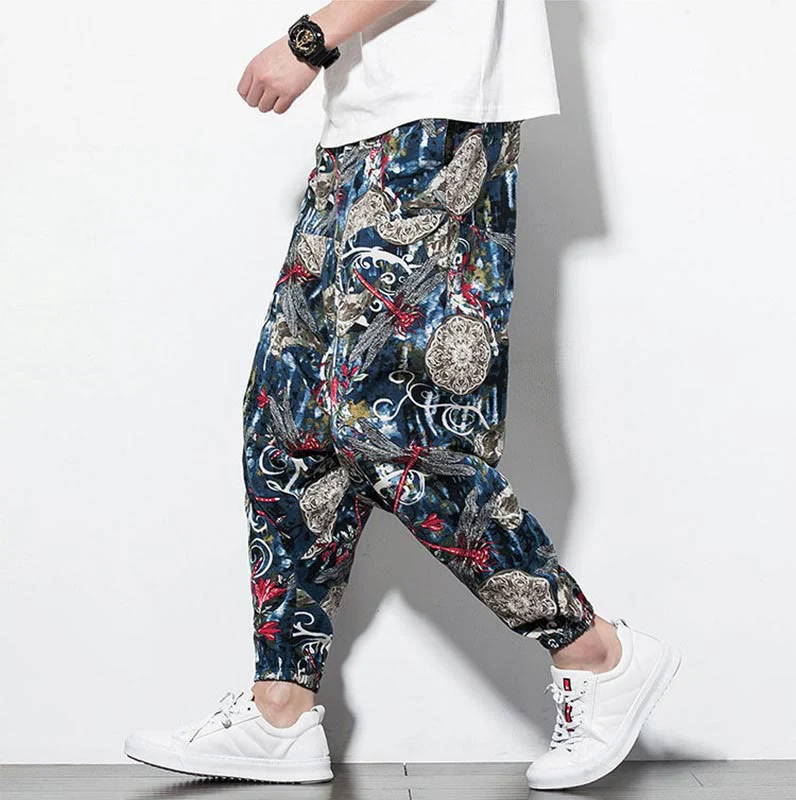 Mocoer Red Dragonfly Dandelion Print Cotton Men's Harem Pants With Pockets - Mocoer