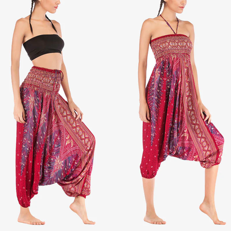 Mocoer Two Style Wear Feathers Geometric Pattern Loose Smocked Trousers Jumpsuit Women's Yoga Pants - Mocoer