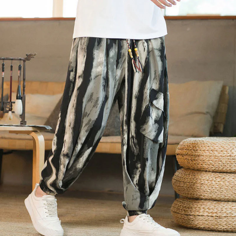 Mocoer Ice Silk Drop Ink Tie-dye Gradient Stripes Casual Cotton Men's Pants With Pockets - Mocoer