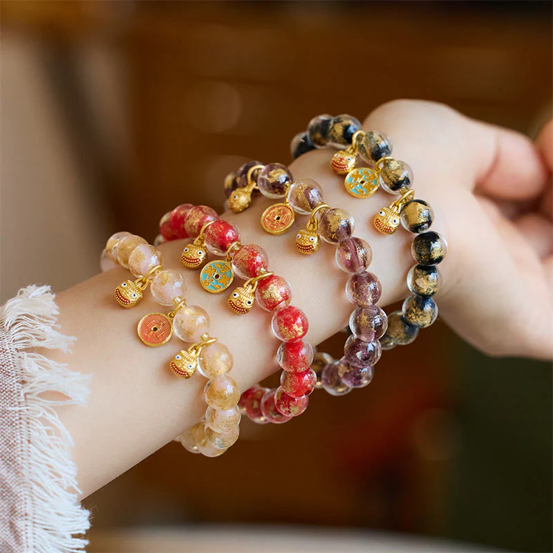 Mocoer Gold Swallowing Beast Copper Coin Good Luck Charm Liuli Glass Bead Fortune Bracelet - Mocoer