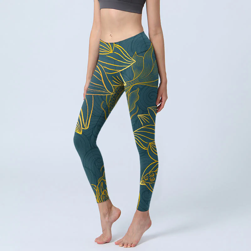 Mocoer Gray Golden Koi Fish Lotus Print Gym Leggings Women's Yoga Pants - Mocoer