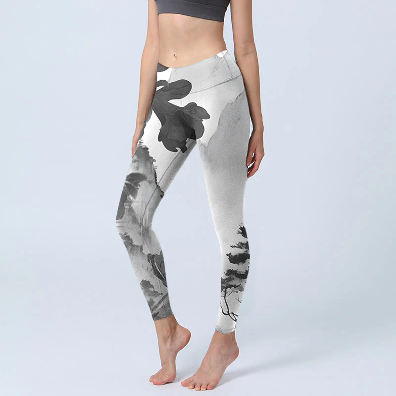 Mocoer Ink Painting Trees Mountains Scenery Print Gym Leggings Women's Yoga Pants - Mocoer
