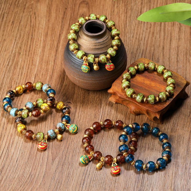 Mocoer Gold Swallowing Beast Family Charm Liuli Glass Bead Fortune Bracelet - Mocoer