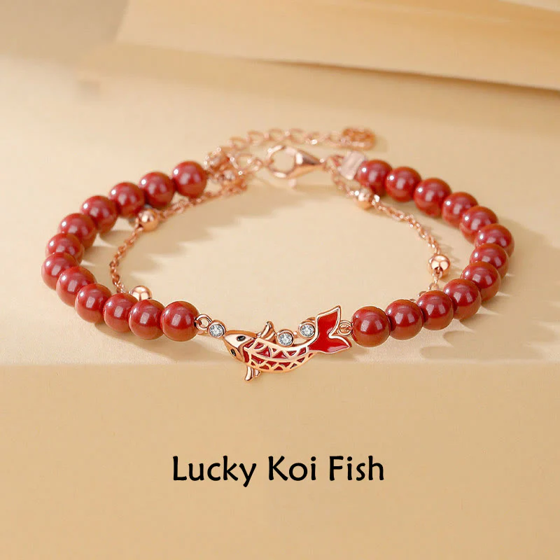 Mocoer 925 Sterling Silver Lucky Koi Fish Cinnabar Zircon Prosperity Double Layer Chain Bracelet - Mocoer