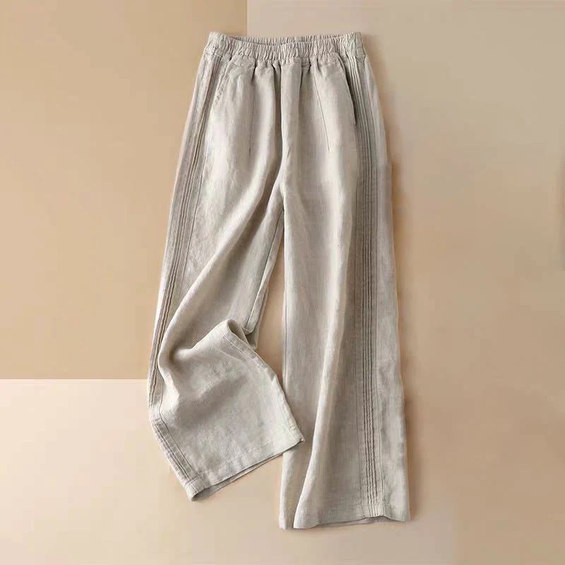 Mocoer Casual Plain Color Side Pleats Cotton Linen Women's Wide Leg Pants With Pockets - Mocoer