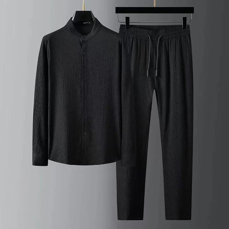 Mocoer Pure Color Long Sleeve Top Pants Clothing Men's Set - Mocoer