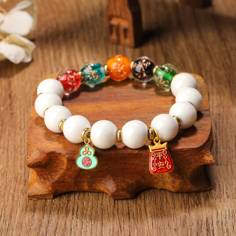 Mocoer Tibetan Incense Ash Porcelain Luminous Fluorescent Liuli Glass Bead Gourd Copper Coin Charm Peace Bracelet - Mocoer