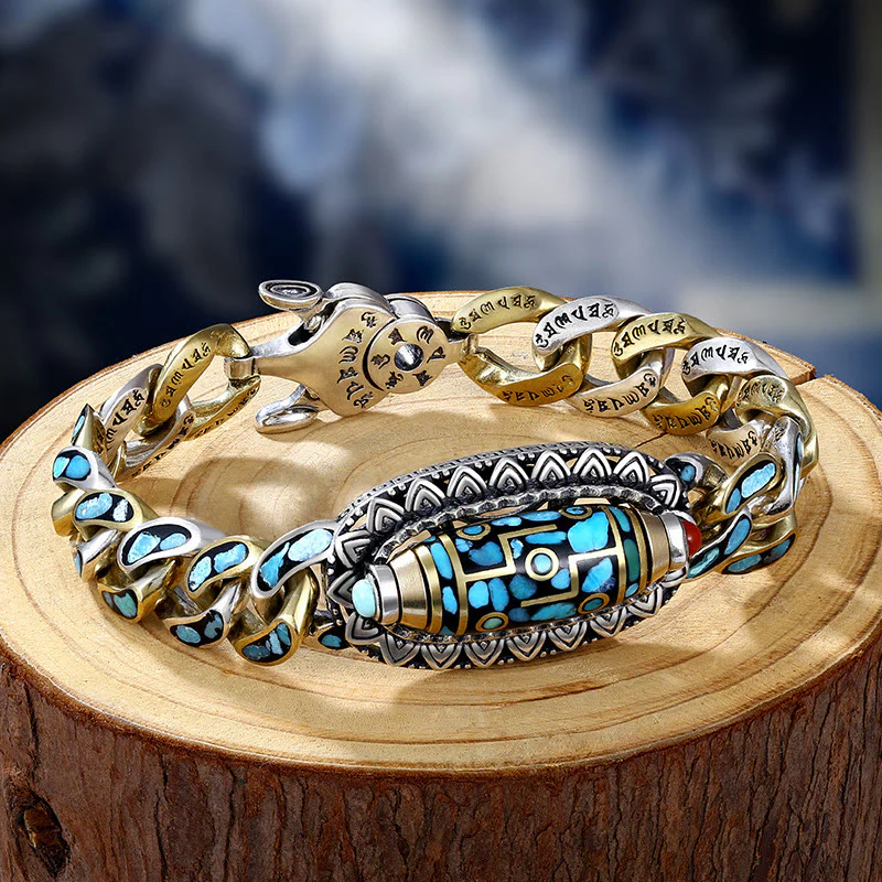 Mocoer Tibetan Nine-Eye Dzi Bead Om Mani Padme Hum Turquoise Protection Rotatable Bracelet - Mocoer