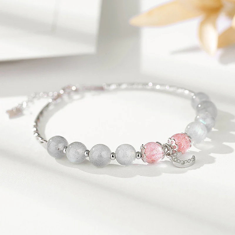 Mocoer Strawberry Quartz Moonstone Luck Moon Charm Bracelet - Mocoer